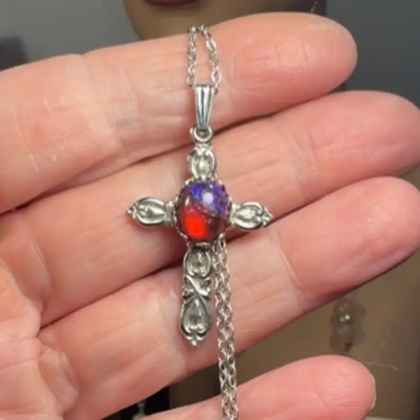Hand Assembled Silver Tone Cross 1” x 1.5” With Bale Red Glass Cabochon On 18” New Chain
