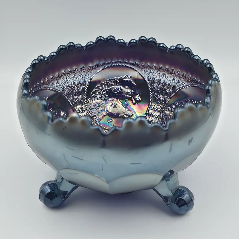 Antique Fenton Carnival Glass Horse Medallion Rose Bowl in Cobalt Blue
