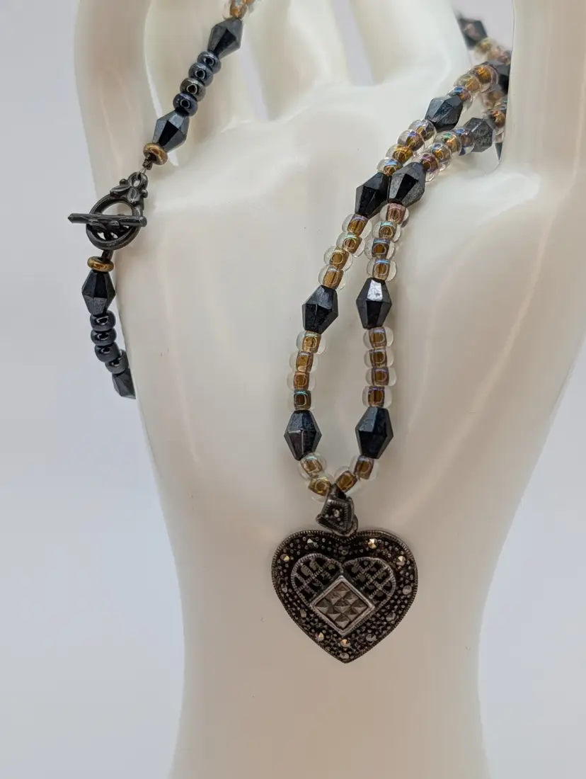 Vintage 925 Sterling Silver And Marcasite Heart Pendant On Glass And Hematite...