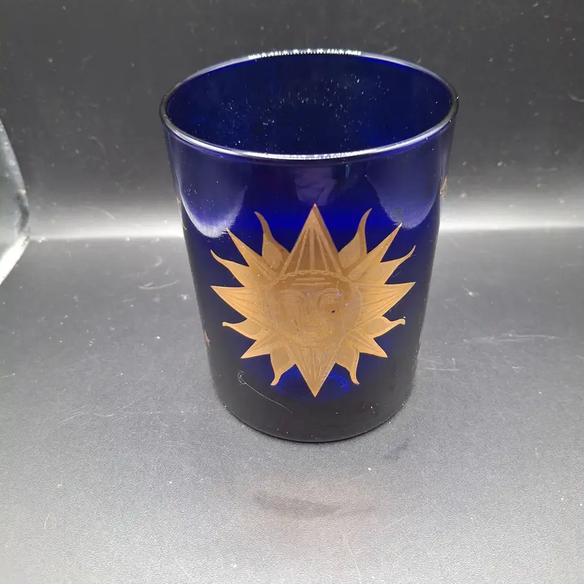Vintage Culver Blue Glass Zodiac Tumbler Gold Celestial Sun Moon Stars USA