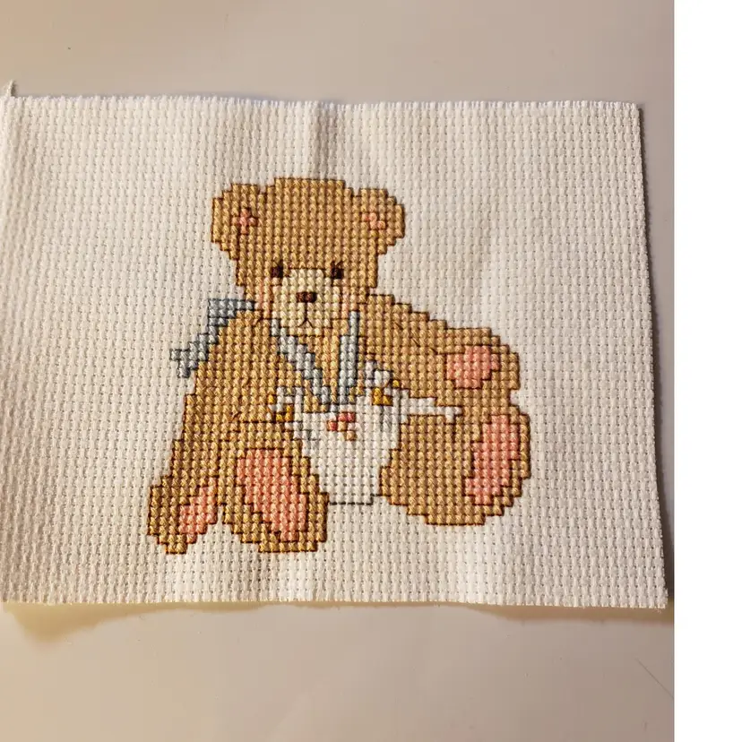 New Baby Boy Cherished Teddie Cross-stitched Piece