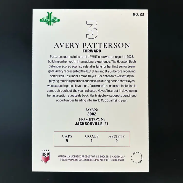 Avery Patterson 2026 Parkside USWNT The Squad Flag /10 Soccer Card