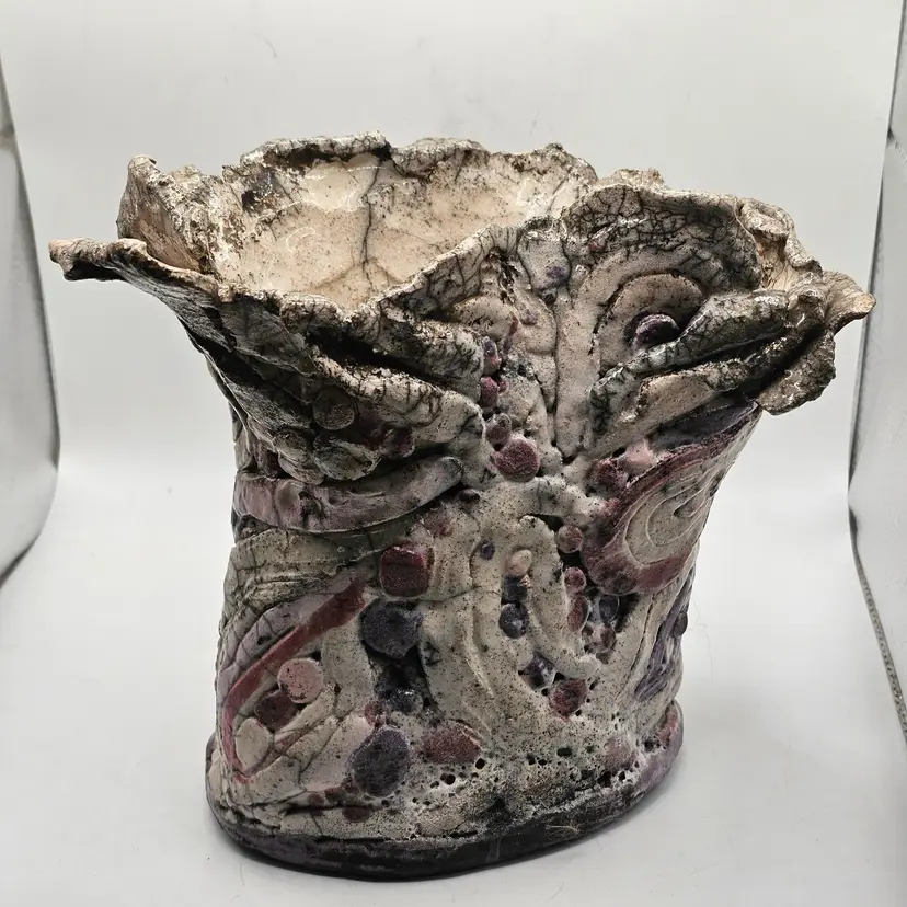 Studio Art Pottery Vase Signed Farrell black clay vomit abstract