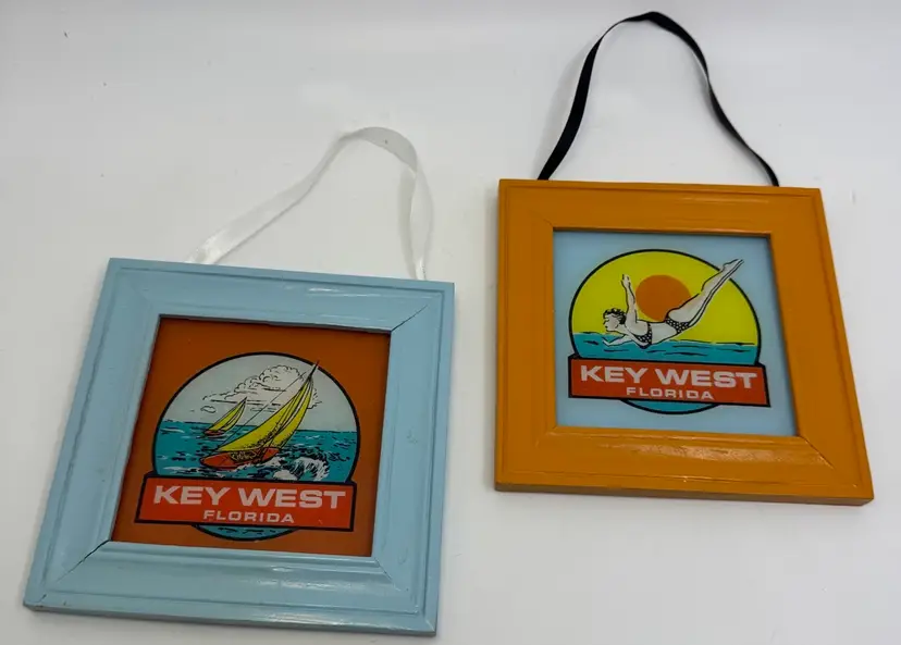 Vintage Key West Florida Travel Decal Framed Art Set - Mid Century MCM Souvenir
