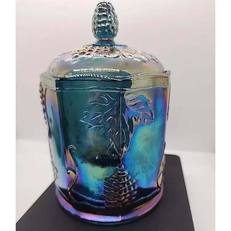 Vintage Indiana Carnival Glass Blue Iridescent Rare Grape Harvest Canister Cookie Jar 6”