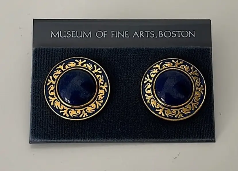 Dedham Pottery, Lapis Blue earrings from Museum of Fine Arts Boston. Gold accents. Pierced. 1” in dia.