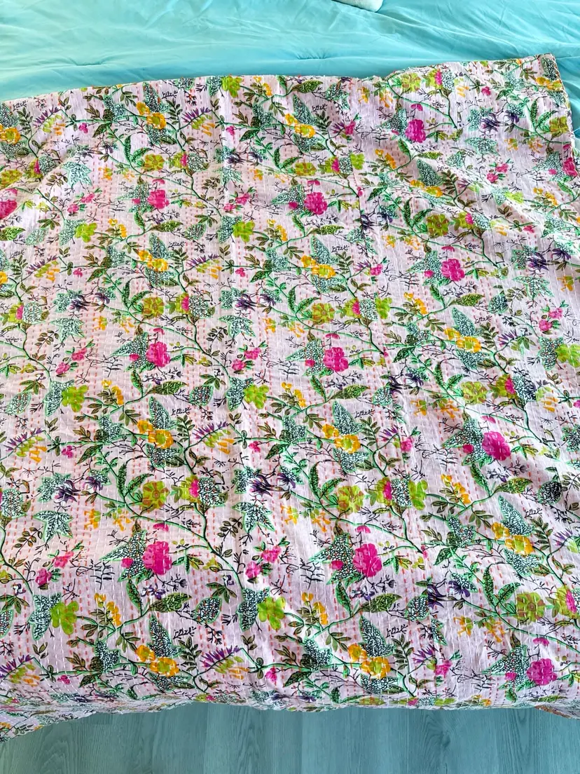 King Sized Kantha India Quilt Blanket Pink 108"x108"