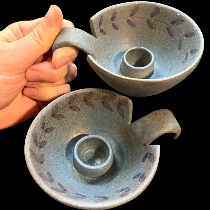 Pair Of Baldelli Italy #764 MCM Ceramic Chamberstick Holders, Italian Pottery Candlestick Holders, Rustic Blue Glaze And Leaf Design, MCM Style