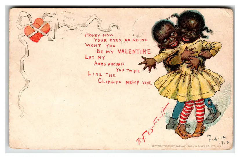 R.F. Outcault Valentine Postcard Boy Girl Black Children Embrace Raphael Tuck 1903