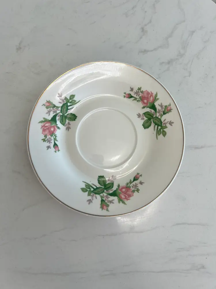 Vintage Floral Porcelain Teacup Saucer Set Pink Rose Gold Trim