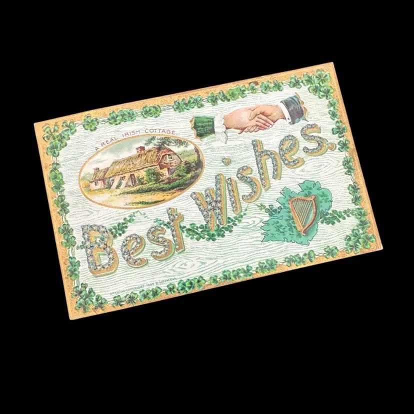 Antique St. Patrick’s Day “Best Wishes” Floral Clover Postcard, Unposted & Marked