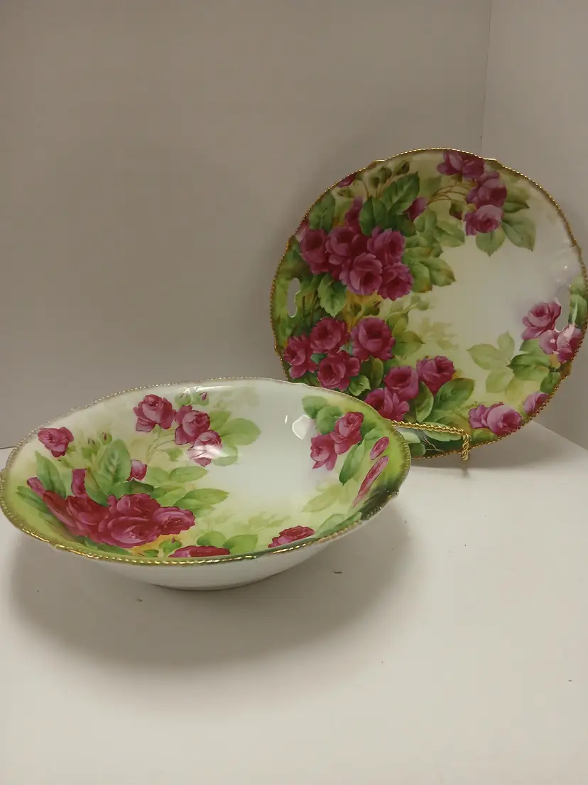 Handpainted Bavarian Crimson Rambler Signed By K Clement Plate And Bowl