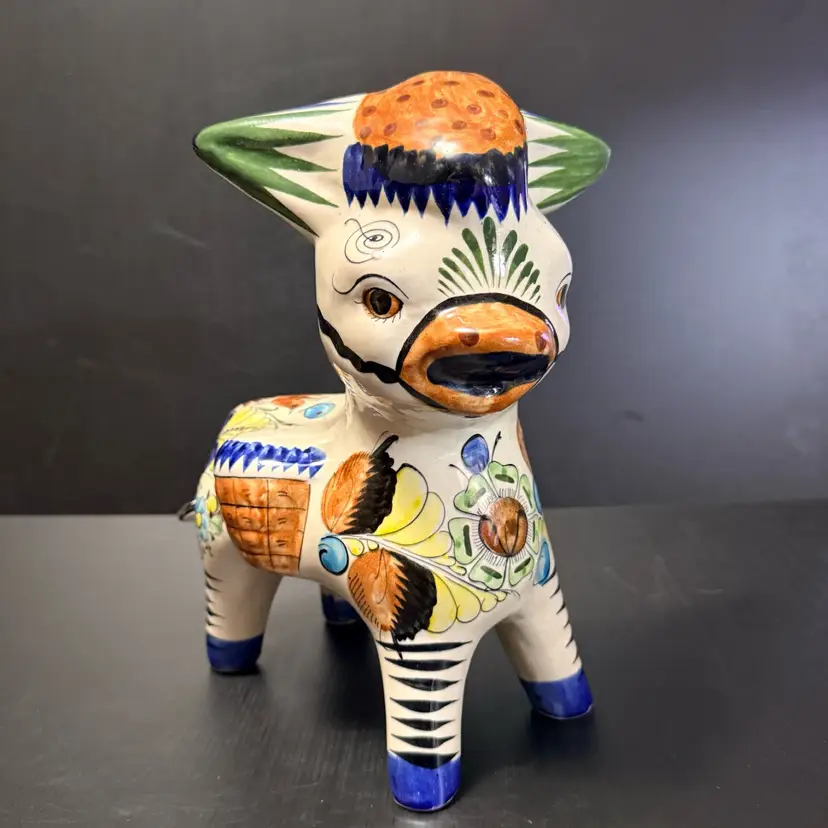 Mexican Tonala Pottery Donkey Burro  11” Hand Painted Floral & Bird