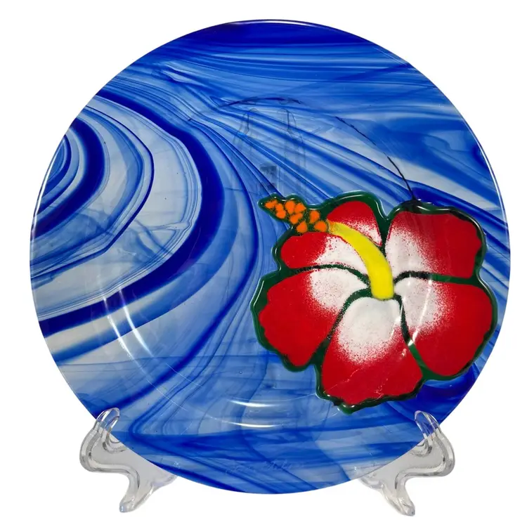Jan Mitchell Fused Glass Plate, Signed Jan Mitchell Blue Swirl And Hibiscus Glass Plate, Handmade Art Glass Plate, Jan Mitchell Tropical Glass Plate