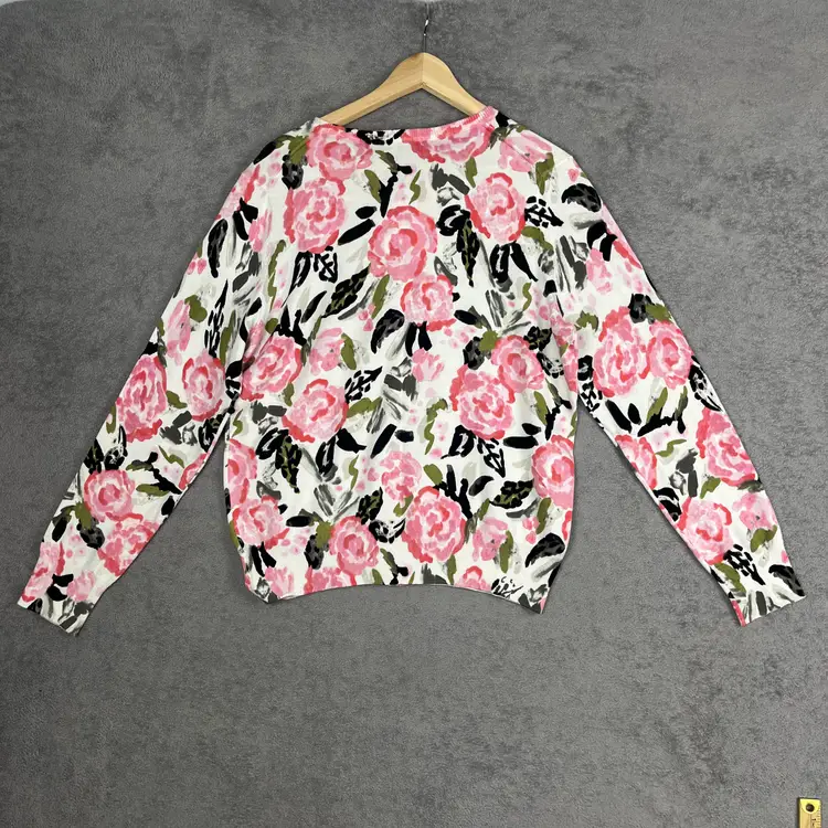 Lands End Floral Cardigan Womens Large NWT Pink White Supima Cotton Classic Preppy Layering