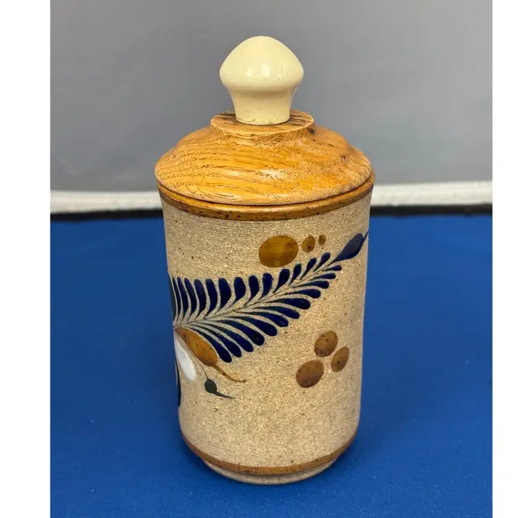 Mexican Tonala Hand-Painted Floral Sandstone Clay Pottery Wood Lidded Jar 5 1/2”