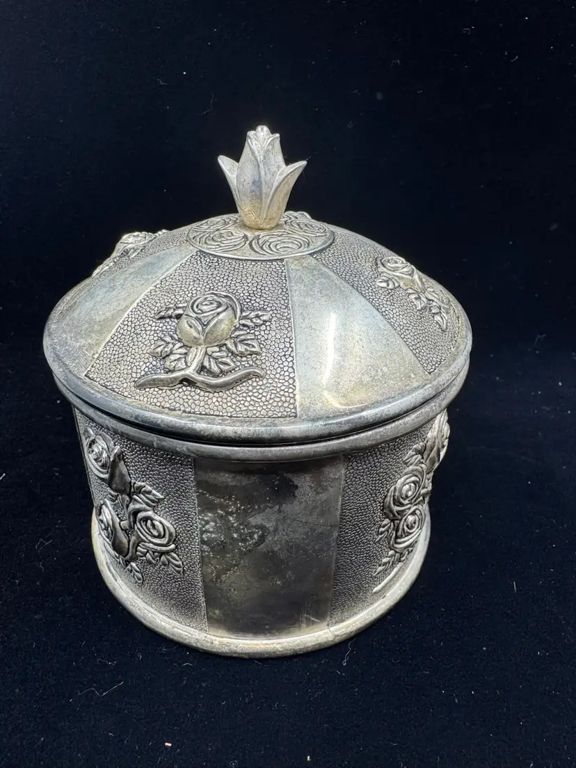 Vintage Rose Trinket Box Metal Red Velvet Tarnished