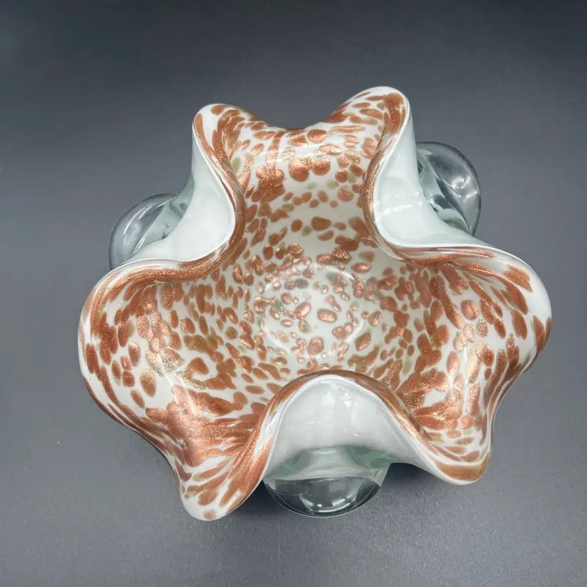 Vintage MCM Murano Italian Cased White Art Glass Bowl With Copper Gold Adventurine 