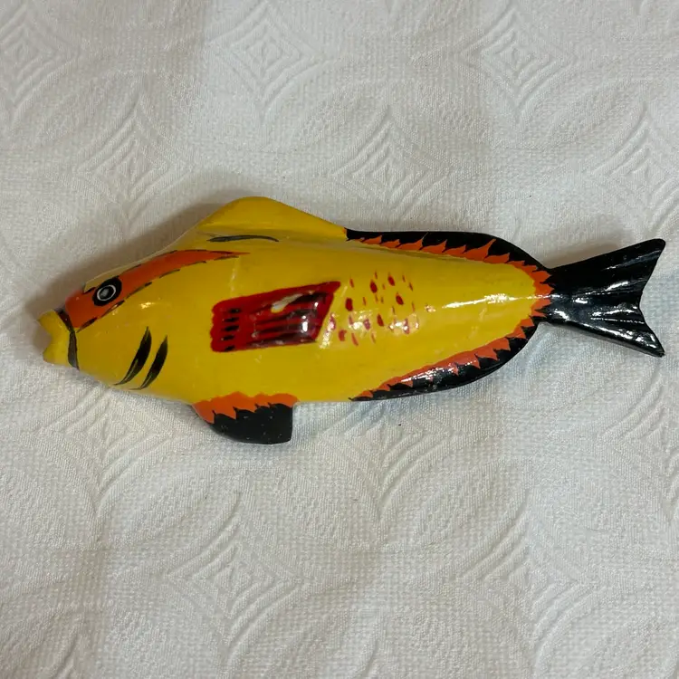 Vintage Handmade Wooden Yellow Red Orange Fish Brooch
