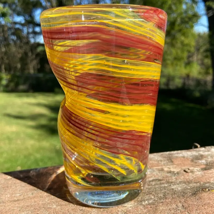 Hand-blown, 10 Ounce, 1.5 Pound Maroon & Gold Swirled Glass Tumbler Or Vase, Artist Signed. Indent In Side Is Possibly A Finger Rest When Drinking. 5.25”h x 3.25”w at Top. *Read
