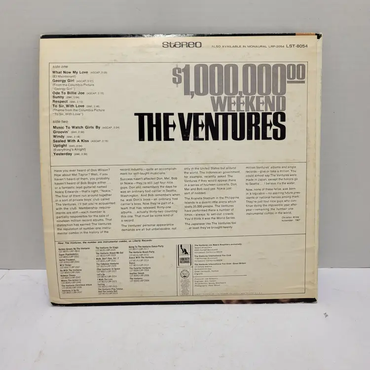 The VENTURES - $1,000,000.00 Weekend LP Vinyl - Liberty LST-8054 Untested
