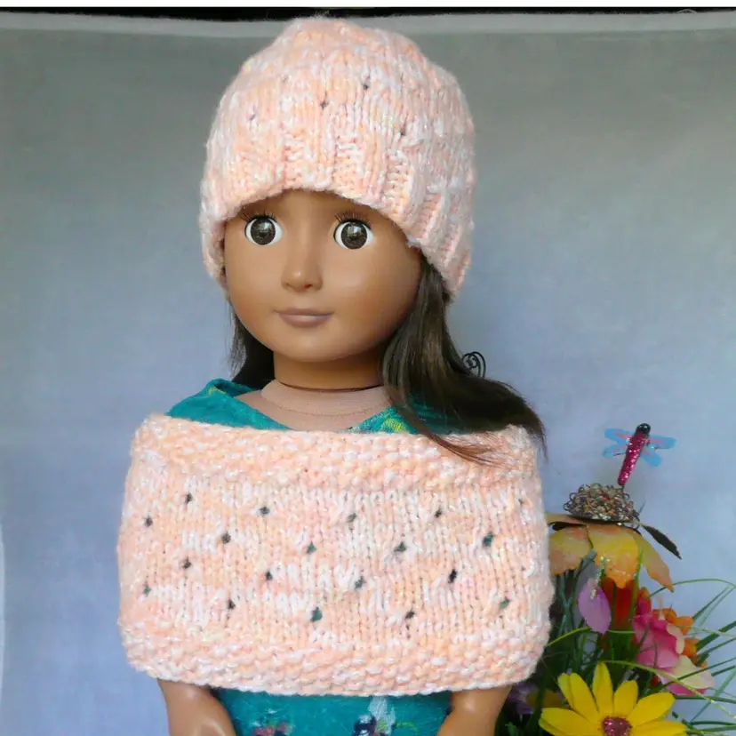 Handmade Knit 18" Doll Peach Orange Eyelet Shawl Wrap Matching Beanie Hat