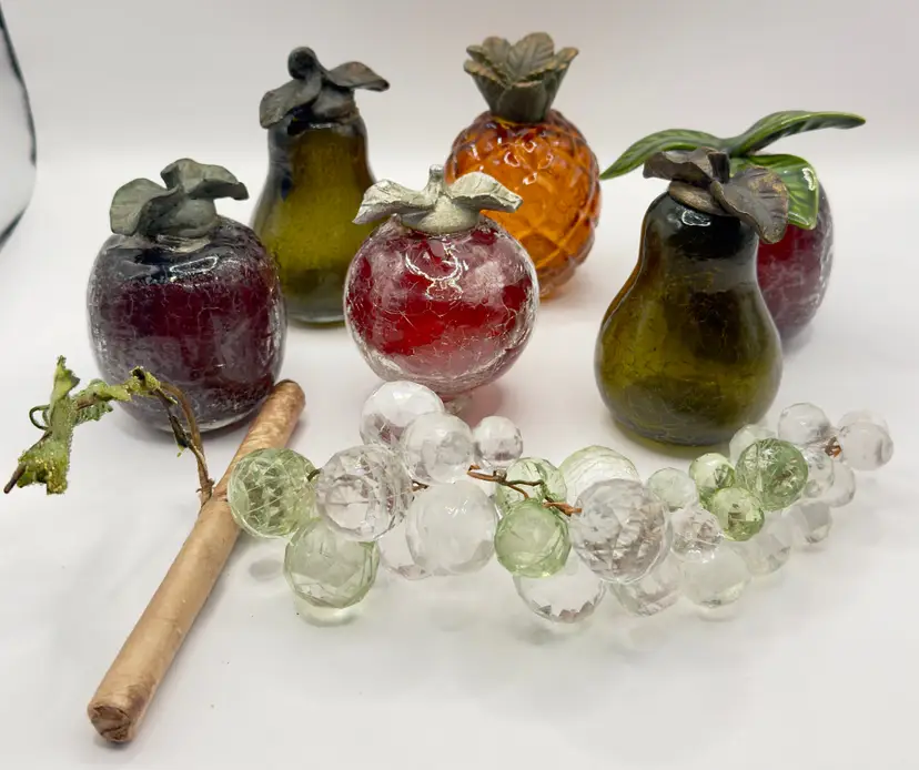 Vintage 1960’s Blown Crackle Art Glass Fruit Collection Pewter Metal Stems Faceted Grape Cluster Figurine, Handcrafted Decorative Set, Unbranded