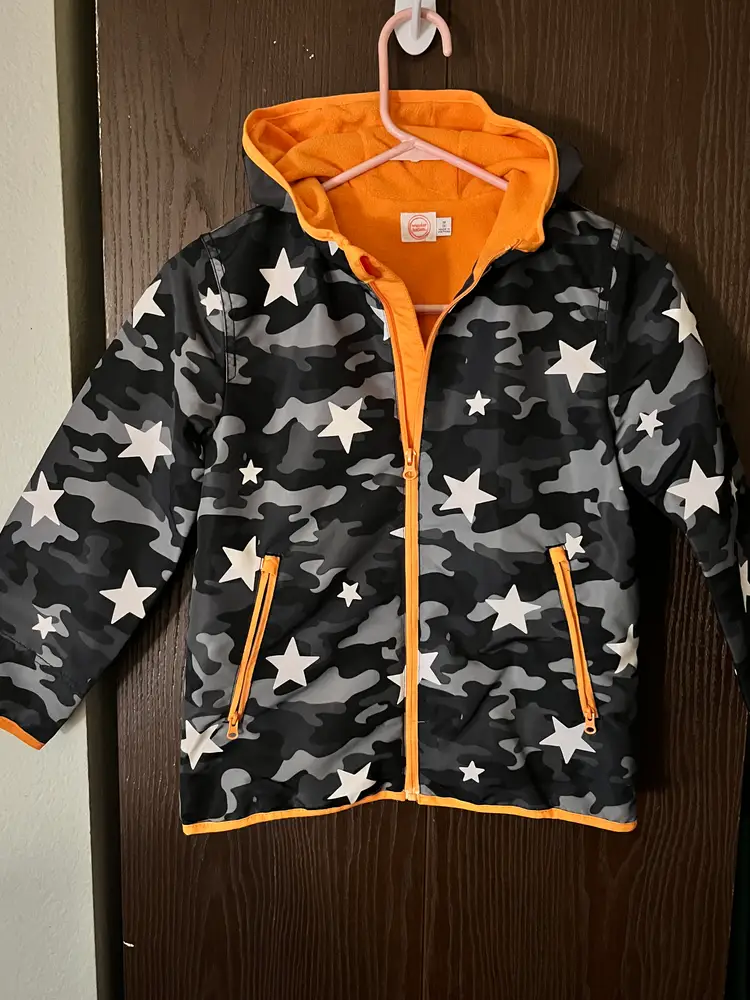 WONDER NATION Kids Medium Camo Star Hooded Softshell Jacket Gray Orange Zip