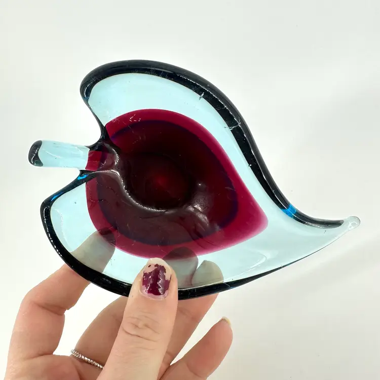 Murano Art Glass Red Blue Leaf Ashtray