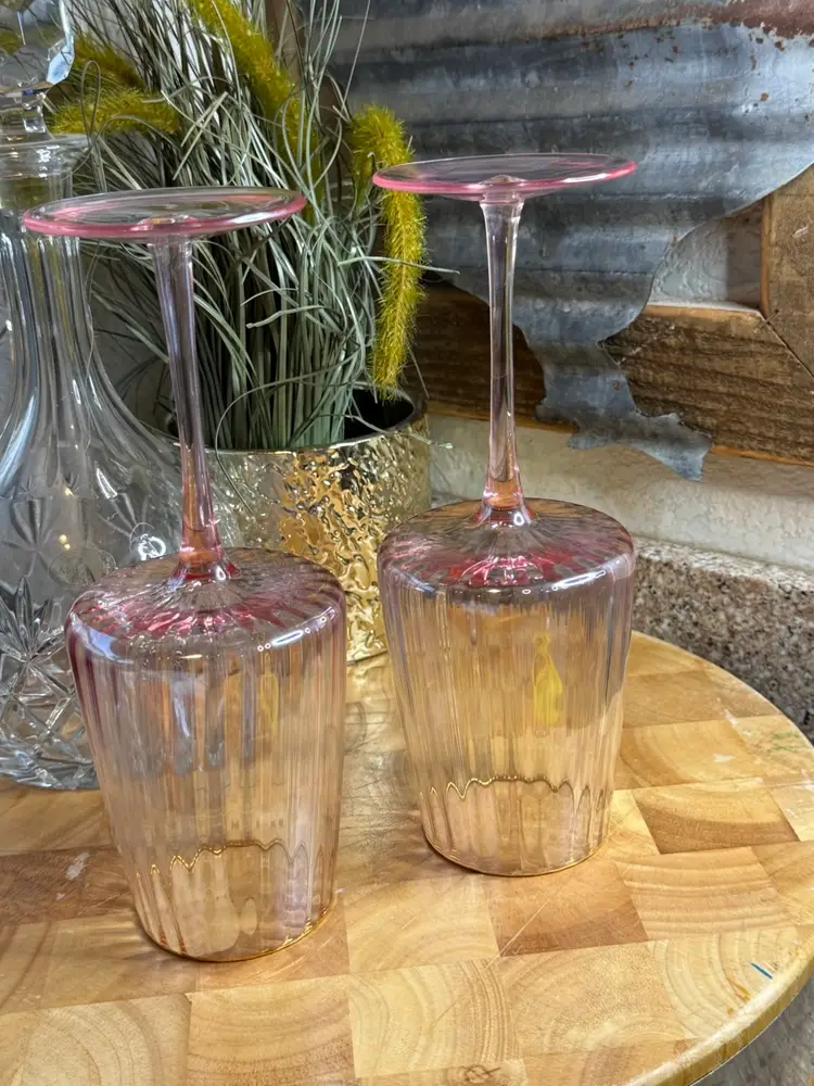 Set of 2 Blush Ombre Wine Glasses | Pink Gold Stemware | Ribbed Glass Goblets | Romantic Table Decor