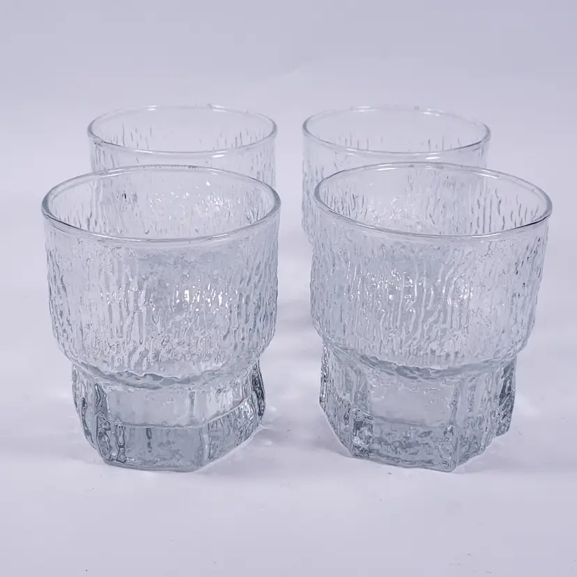 Vintage MCM LITTALA ASLAK Finland Ice Textured Clear Old Fashioned Bar GLASS SET