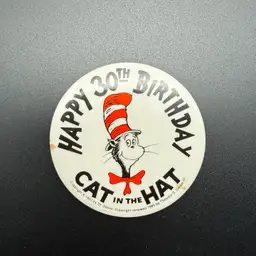 Vintage Cat In Hat Button Pin Pinback 30th Birthday 2.5" Dr. Seuss Child Book