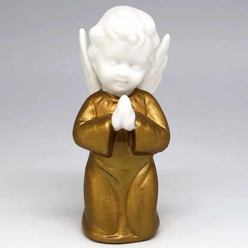 Schmid Praying Angel Figurine, Hand-Painted Gold Bisque Porcelain, Vintage Made in Japan