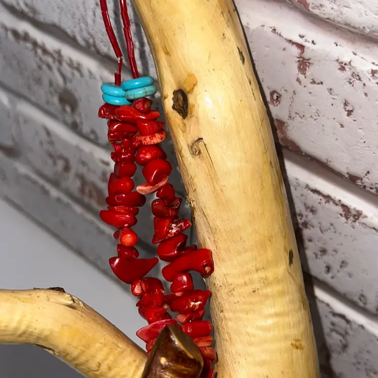Bamboo Coral Faux Turquoise Necklace with Two Strands of Coral a Little Over 13” Long