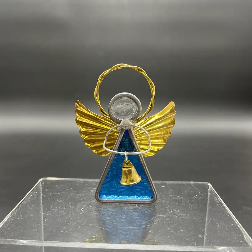 Stained Glass Blue Angel with Bell Gold Wings Figurine Ornament Christmas VTG
