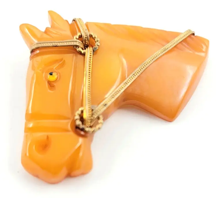 Butterscotch Bakelite Carved Horse Head Brooch Pin