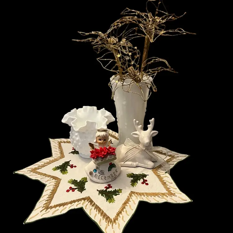 It's A White Christmas - Milk Glass Rose Bowl & Vase MCM Reindeer Table Topper & December Girl