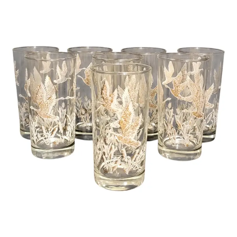 Vintage Pokee Glasses: Gold Rimmed Goose & Thistle (Set of 8)