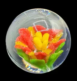 Contemporary Handmade Art Glass Marble .83” Red Yellow Green Flower Bubble