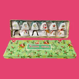 Vintage MCM XMAS BELL Japan Porcelain Bell Ornament Set w/ Decorative Box READ