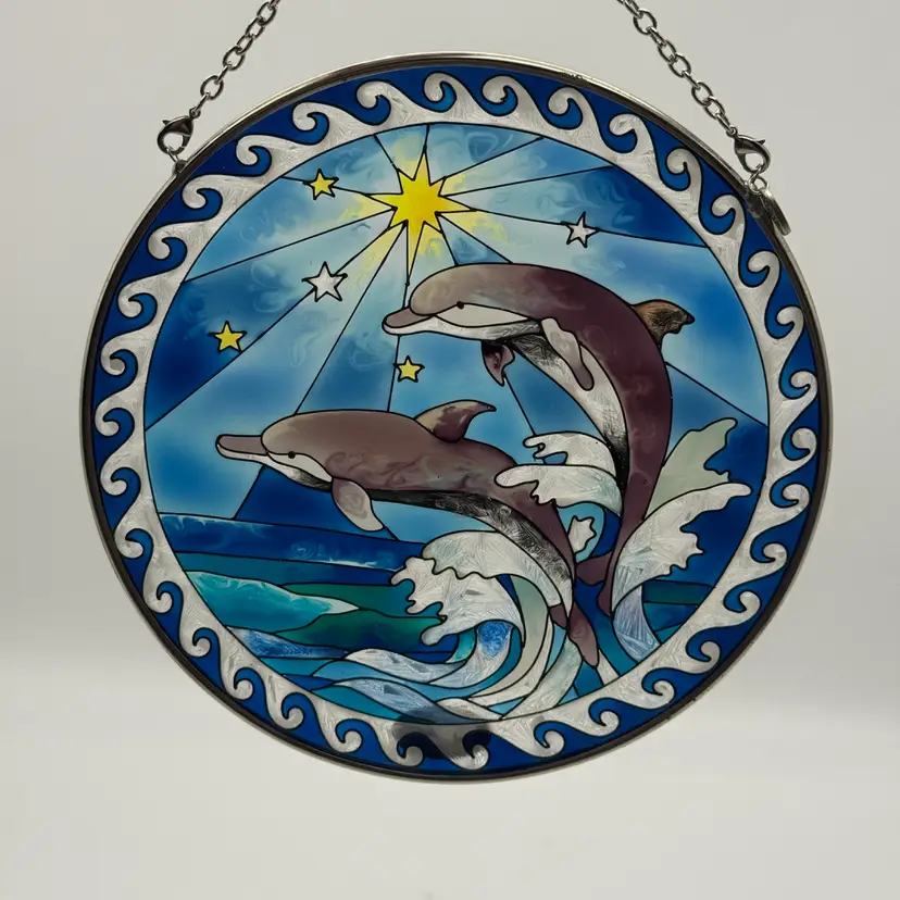 Vintage AMIA Stained Glass Suncatcher Dolphins & Ocean Hand-painted 6”