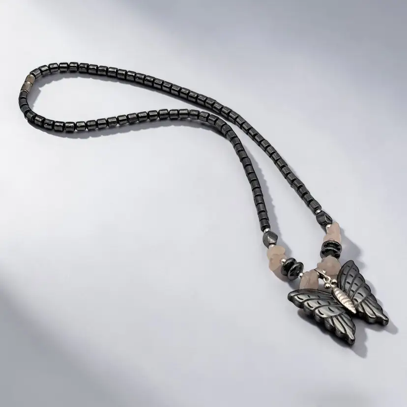 Hematite Carved Butterfly Pendant Quartz Chips Cylinder Hematite Beads Necklace
