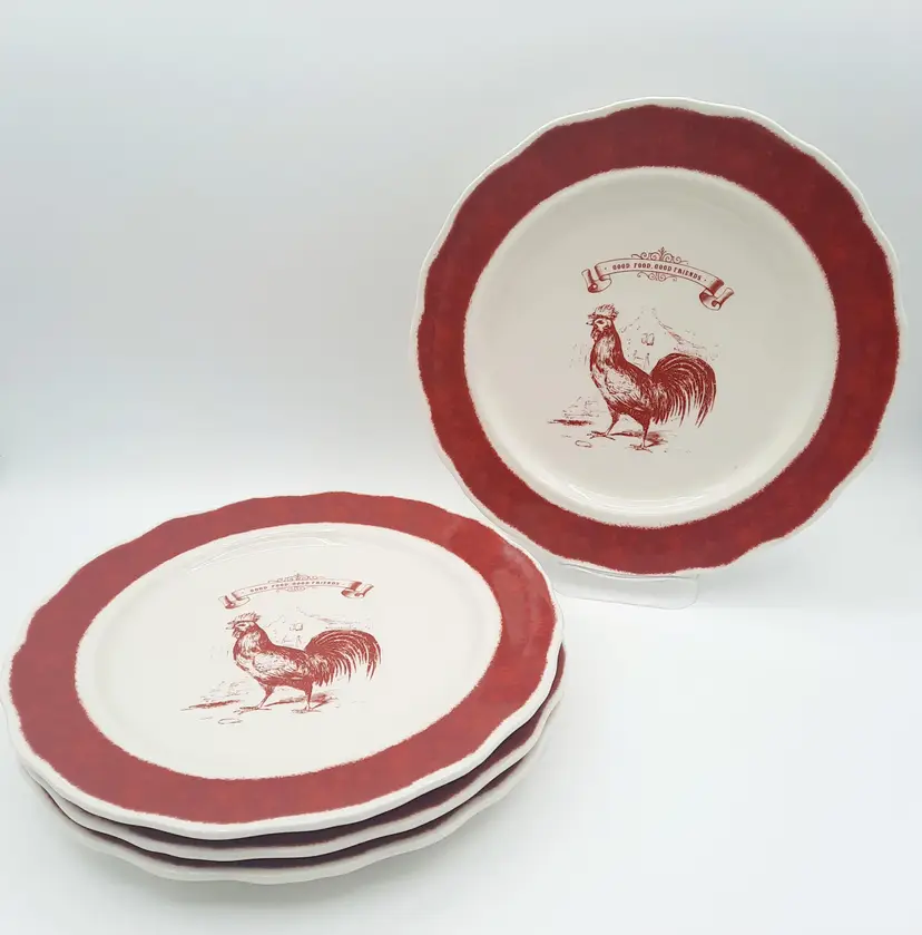 Red & White Rooster Plates Country Living Set of 4