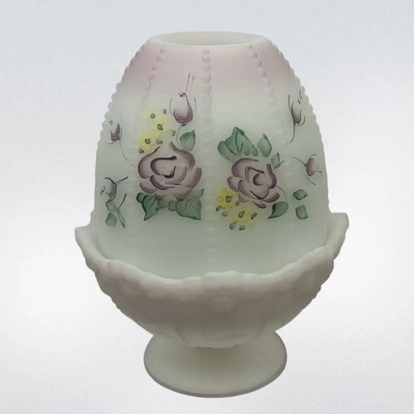 Fenton 2000 Rose Garden Burmese Hand Painted Fairy Lamp, 6” Tall x 4” Wide