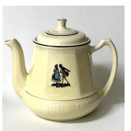 Porcelier Vitreous China Teapot Light Yellow Black Man & Woman Silhouette Design 8 in Height USA