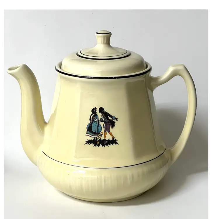 Porcelier Vitreous China Teapot Light Yellow Black Man & Woman Silhouette Design 8 in Height USA