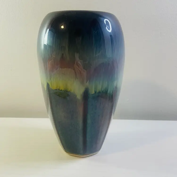 Vintage BILL CAMPBELL 7.25" Tall Vase Drip Glaze  Blue Brown SIGNED