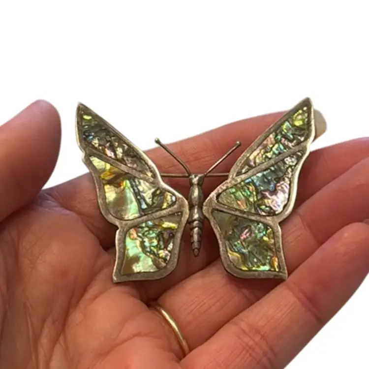 Vintage Artist ECF Signed Mexico Sterling Silver Abalone Butterfly Brooch 2.17”, 7.6g
