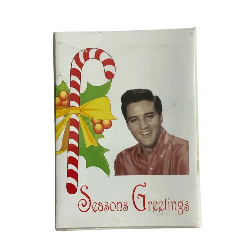 5” By 7” Elvis Presley Greeting Cards Season Greetings Featuring Young Elvis In Coral Or Peach Shirt And A Candy Cane With Yellow Ribbon “sentiment : Merry Christmas And Happy New Year 🎊 “in Original Shrunk Wrap With Original Price Tag