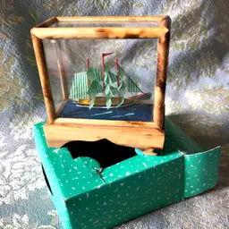 3D Tiny Ship in Glass Display Case with Original Box 2” X 2” Miniature Sailing Boat